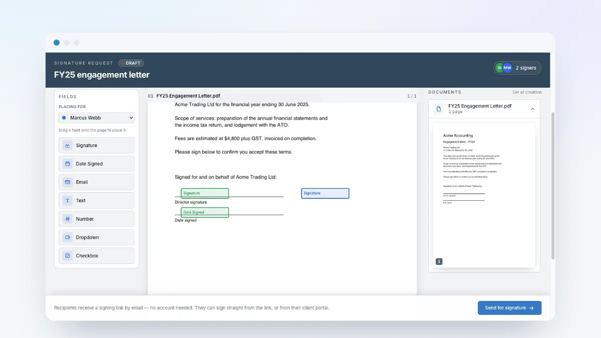 XTK's e-signature authoring page with a signature field placed on an engagement letter, ready to send from Xero Practice Manager