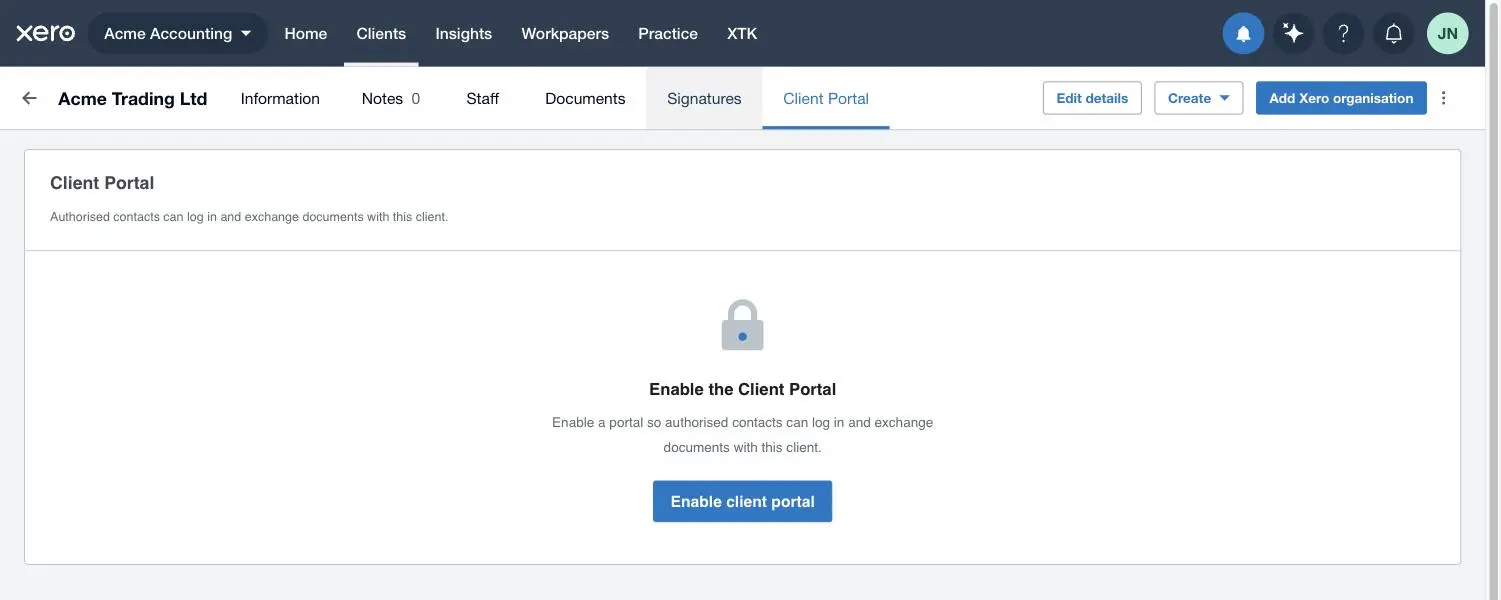 The Client Portal tab in Xero Practice Manager before the client portal is enabled, showing the Enable client portal button