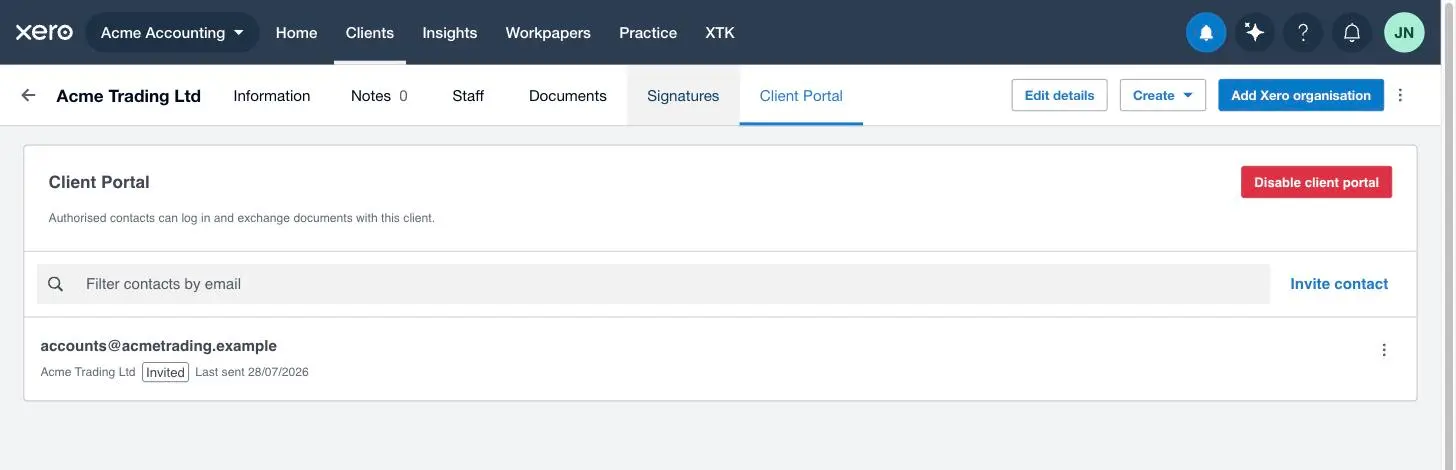 The XTK client portal roster after enabling, showing the contact auto-invited from the client's primary email address with an Invited status tag and today's Last sent date
