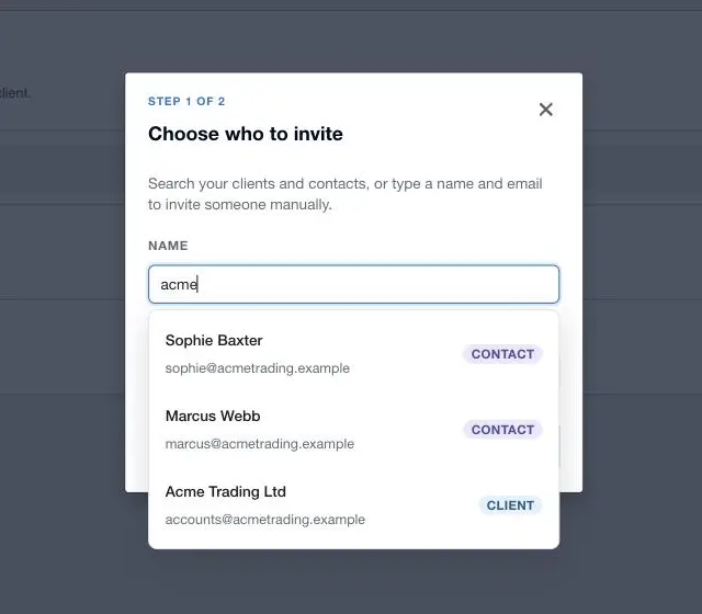 Step 1 of XTK's client portal invite dialog, searching clients and contacts by name to choose who to invite