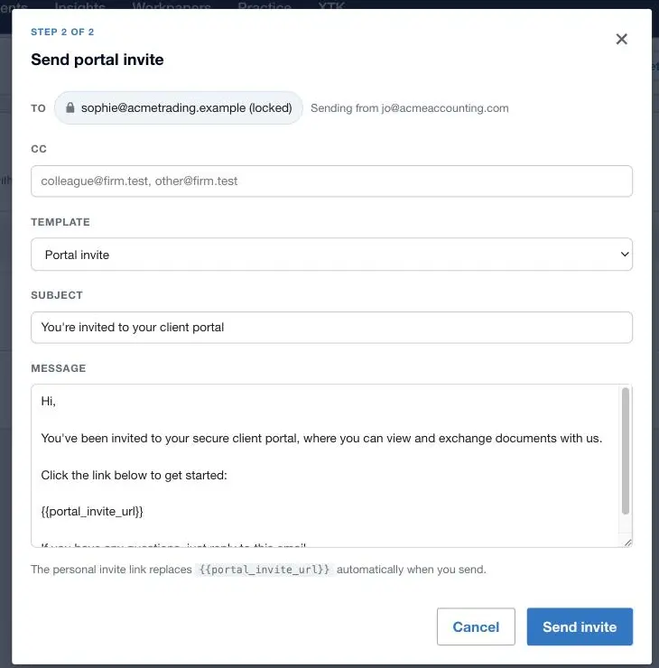 Step 2 of XTK's client portal invite dialog with the locked recipient, template picker, subject, message containing the portal_invite_url variable and a CC field