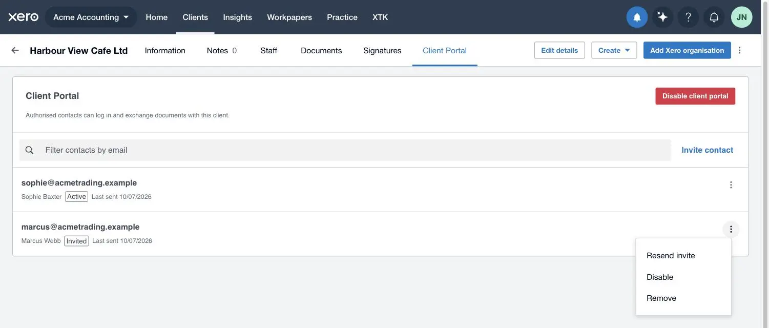 The row menu on a client portal contact in XTK showing Resend invite, Disable and Remove