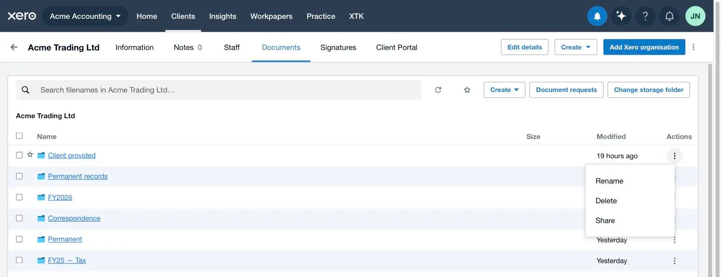 The row menu in XTK's Documents tab in Xero Practice Manager with the Share action that exposes a folder to the client portal
