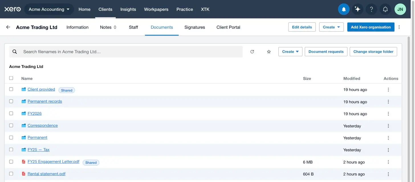A shared folder and a shared file in XTK's Documents tab, each carrying a Shared badge showing they are exposed to the client portal