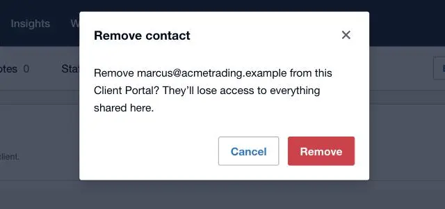 XTK's Remove contact confirmation asking to remove a portal contact who will lose access to everything shared with the client portal