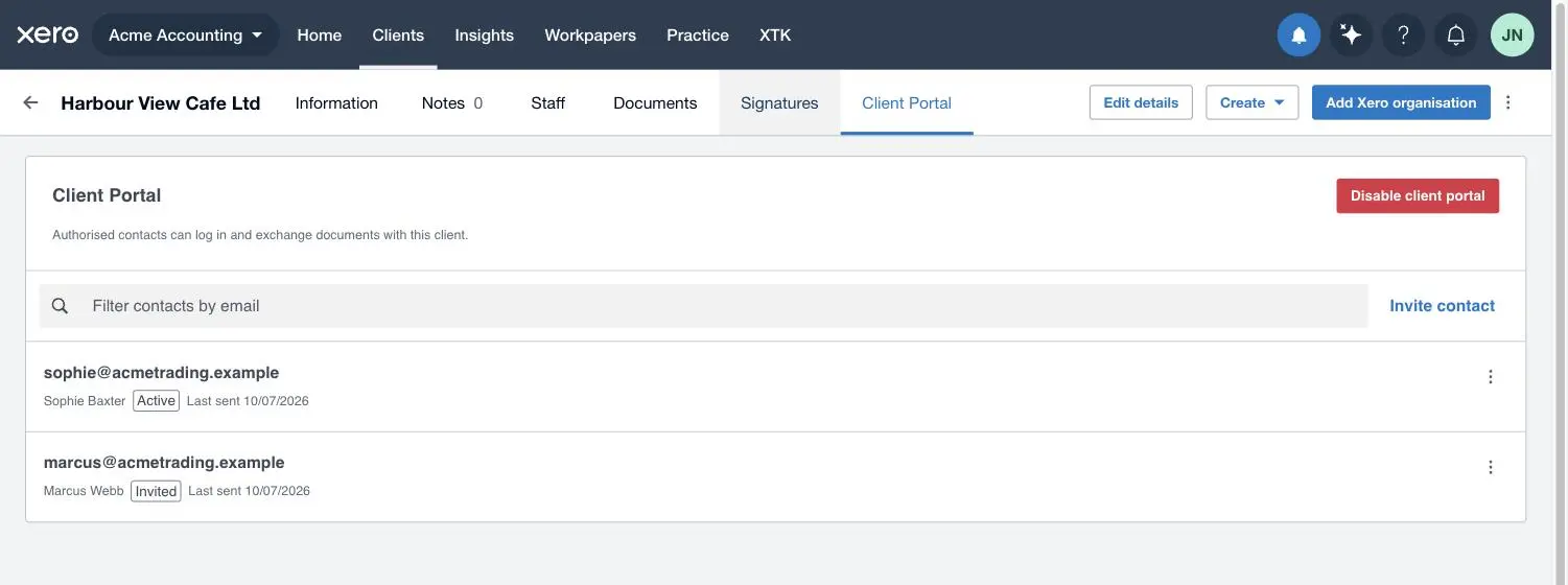 A client portal roster in XTK with two contacts, one tagged Active and one tagged Invited, above a filter box and an Invite contact button