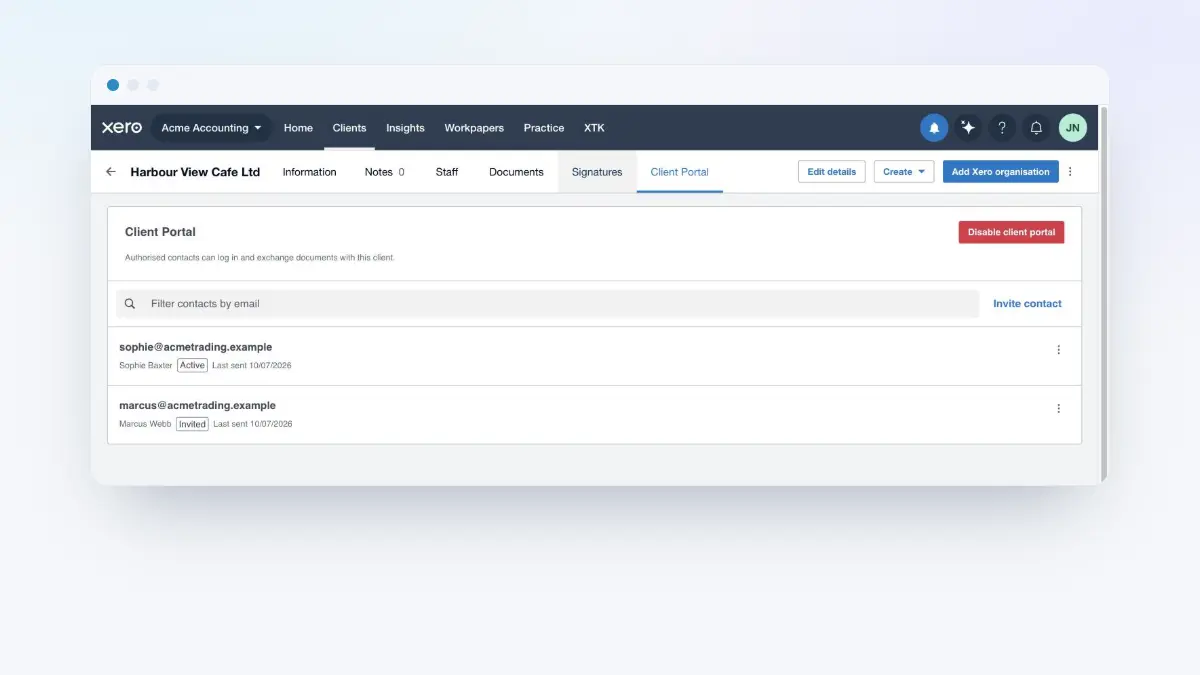 XTK's Client Portal tab in Xero Practice Manager showing the roster of portal contacts with Invited and Active status tags and an Invite contact button